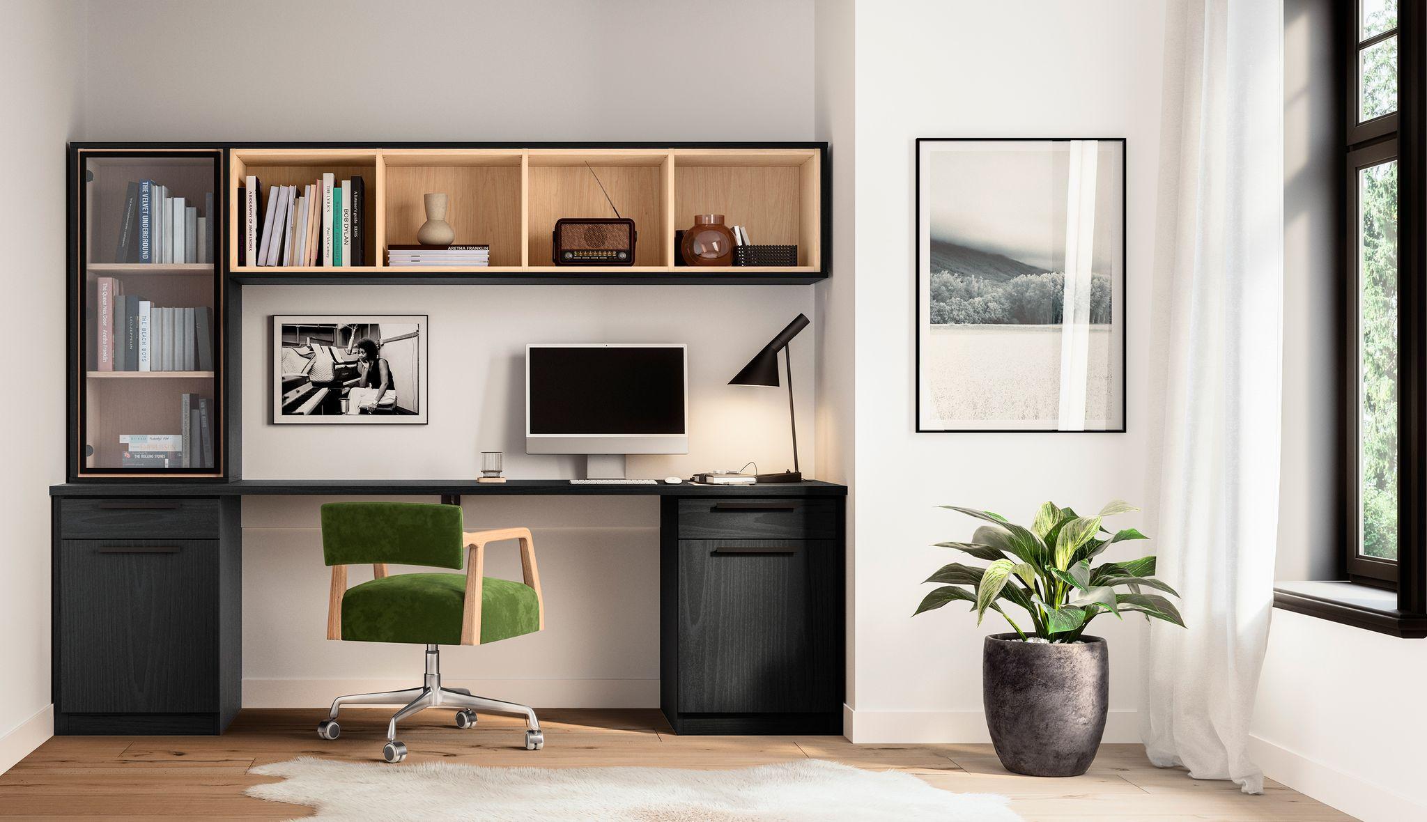 Setup tailored workspace shelving, desk and cabinets created by California Closets