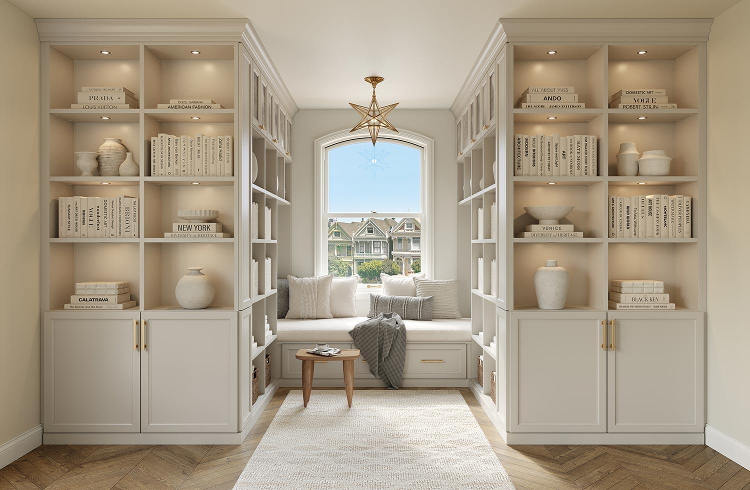 Bookcase design in white finish with bench seat by California Closets