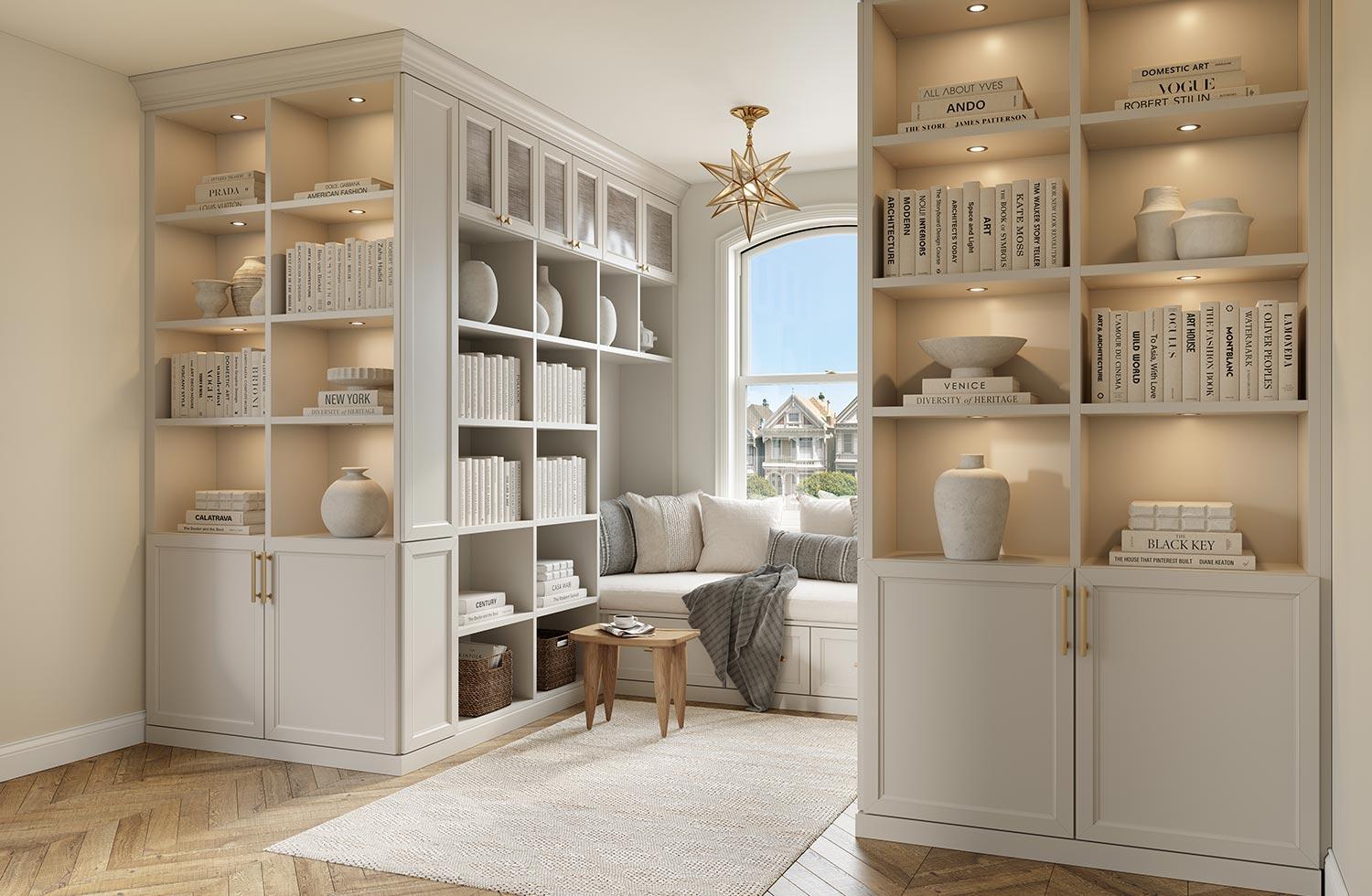 Nook reading space with custom bookcases in white finish from California Closets