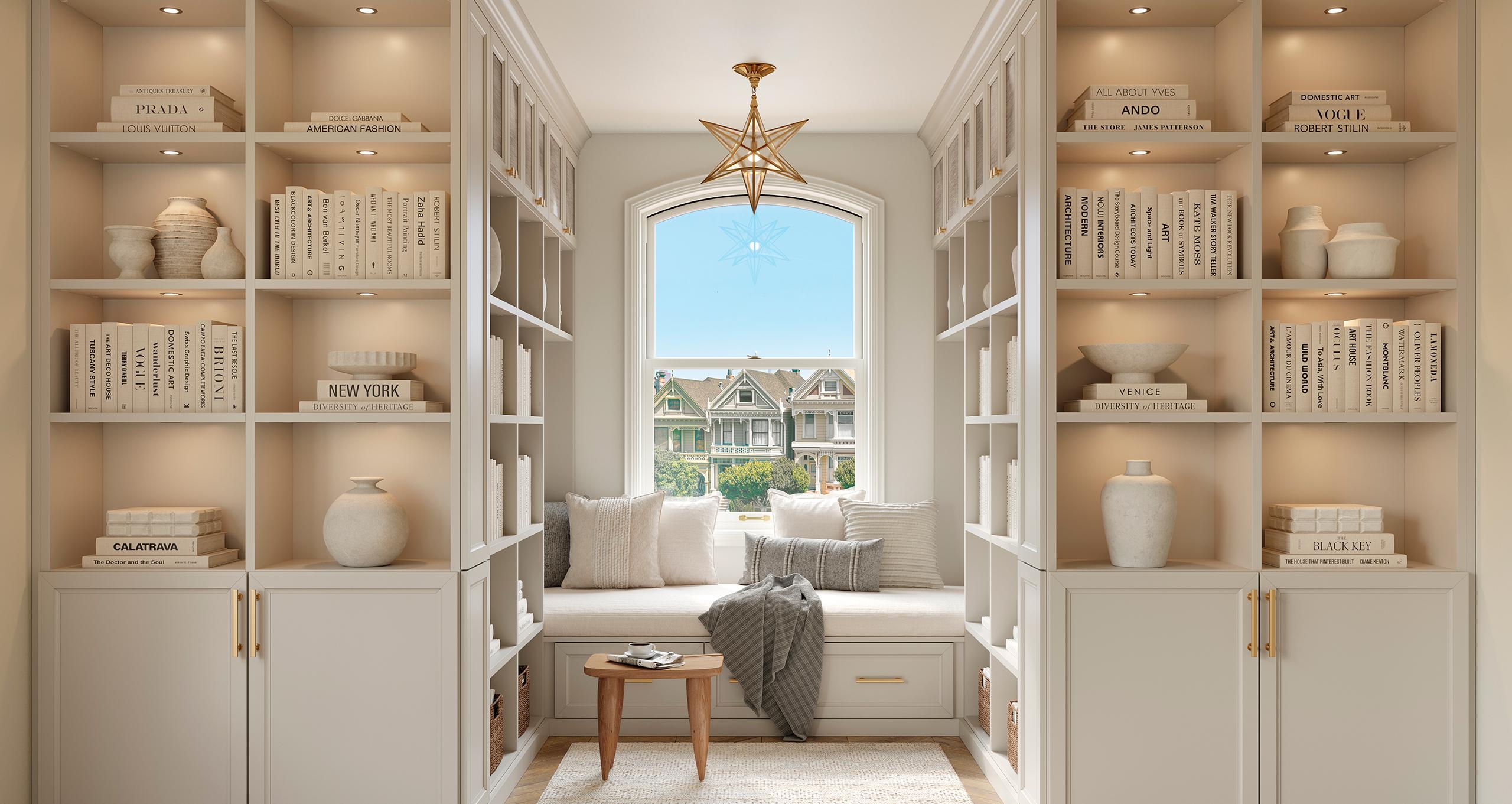 Custom bookshelves solutions with window bench custom design by California Closets.