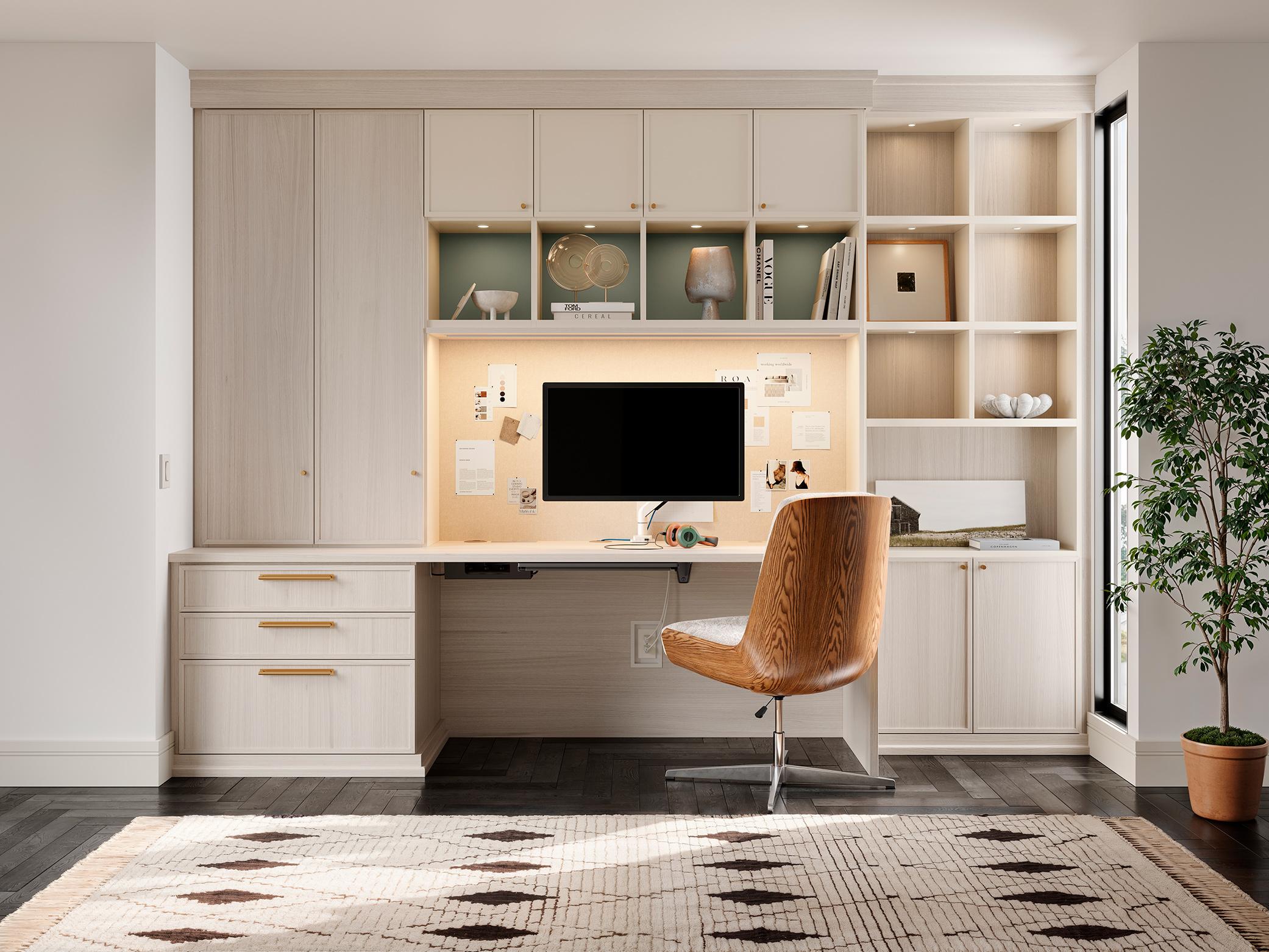 Home office desk with custom lighting, marker and fabric boards from California Closets