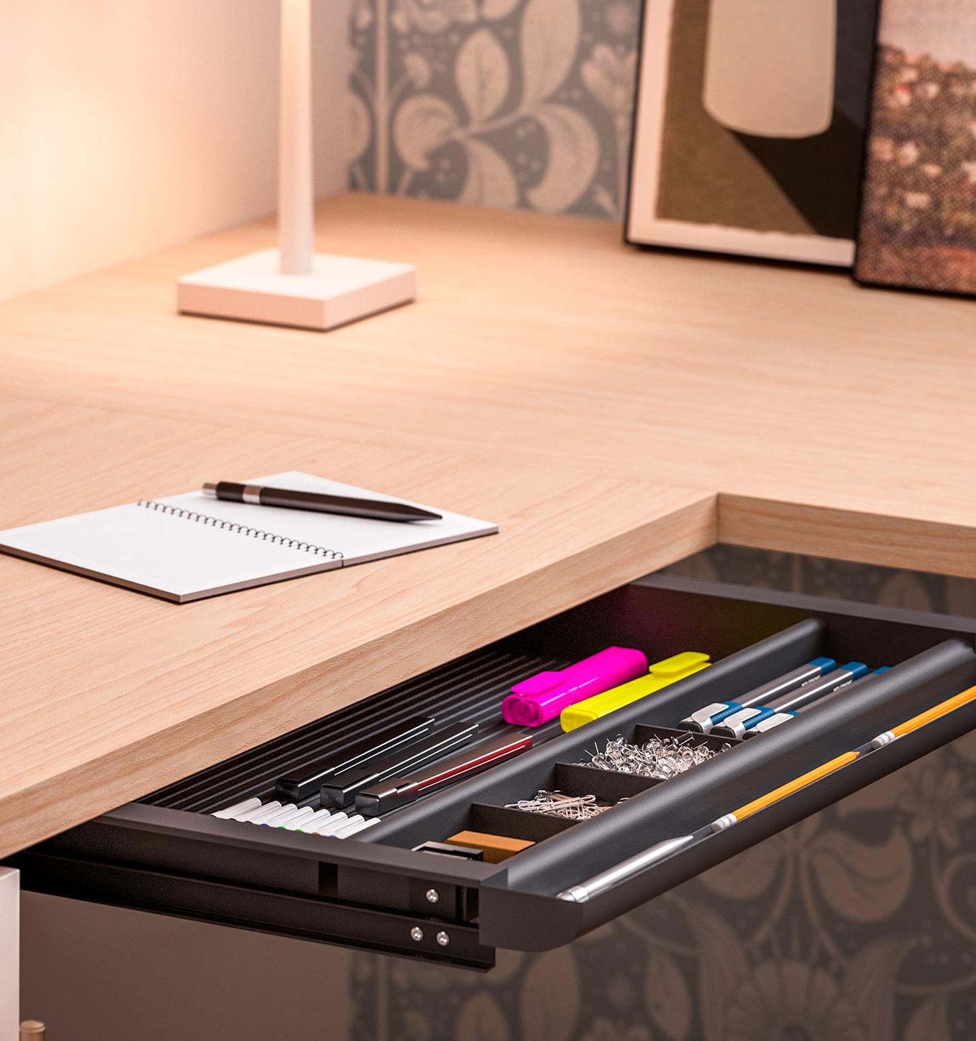 Desk drawer organizer built in design under light finish countertop by California Closets