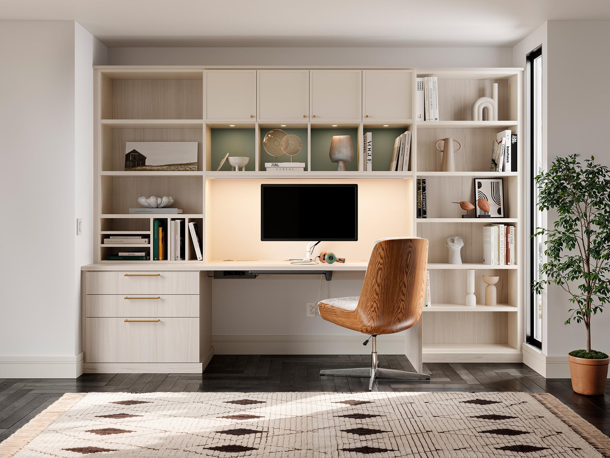 Home workspace ideas with custom built in desk and custom cubbies by California Closets