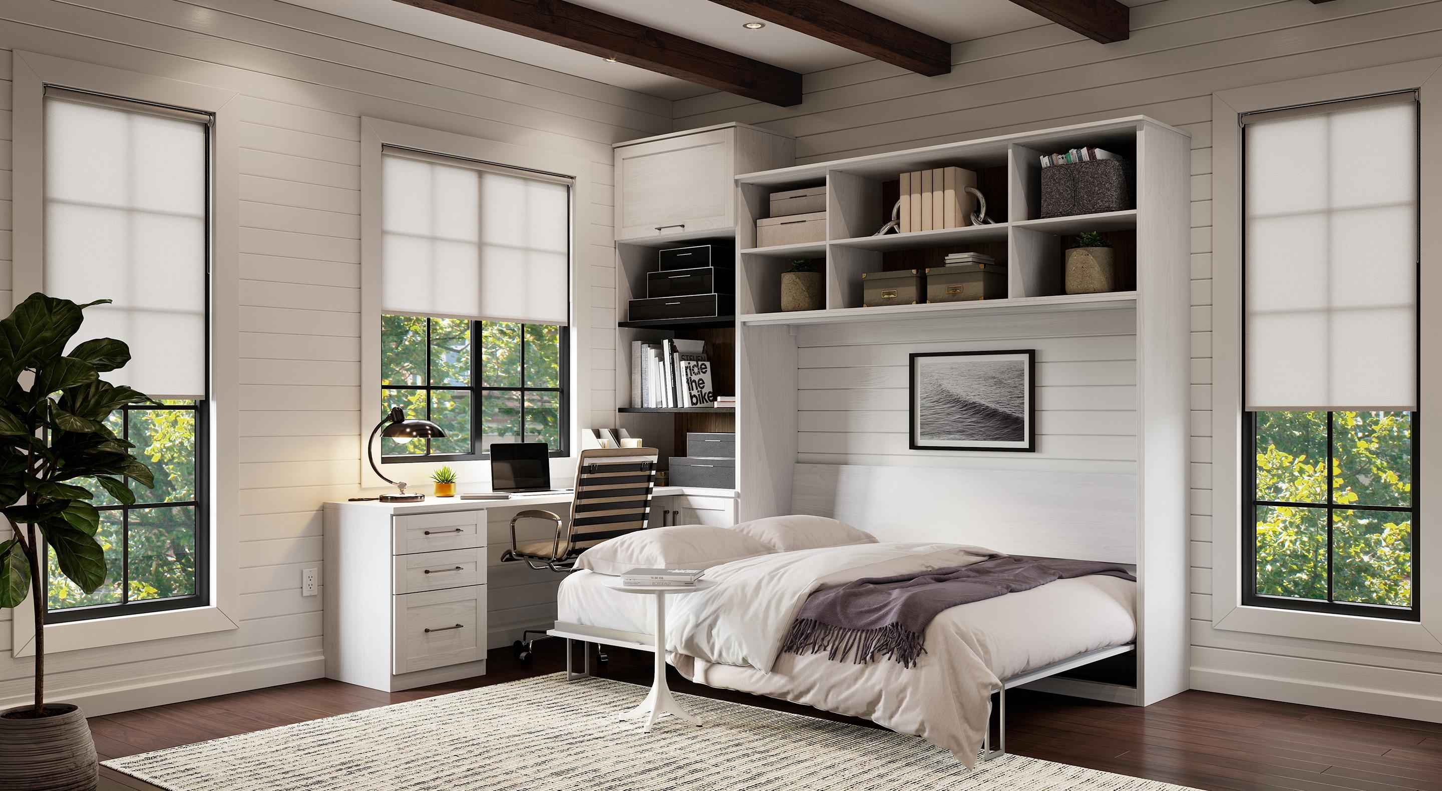 Murphy bed with built-in desk and shelving in white matte finish by California Closets