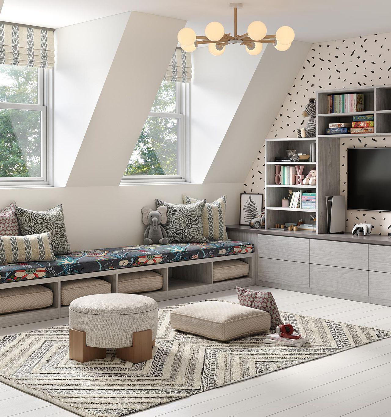 Playroom designed with media center wall, bench storage and play space by California Closets