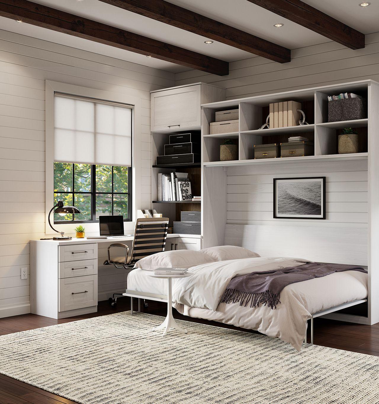 Murphy bed horizontally opened with desk and storage by California Closets