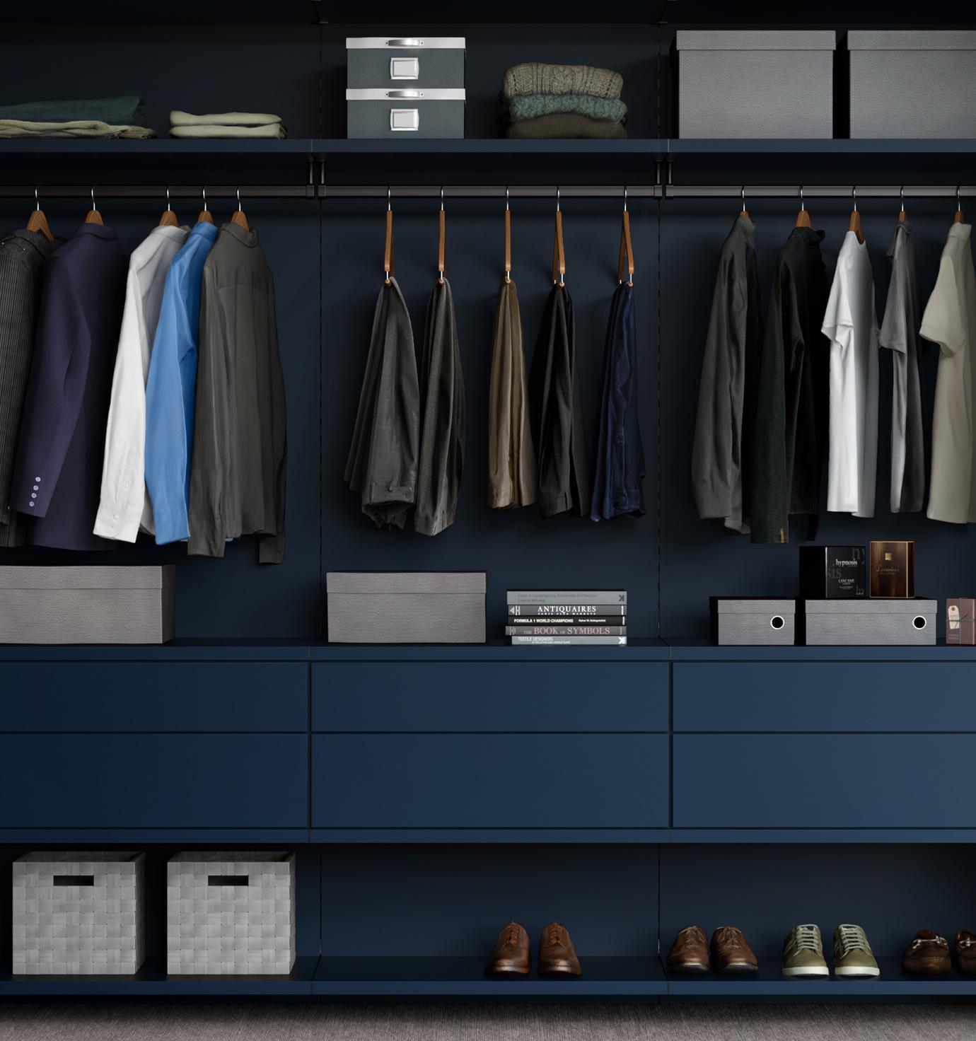 Reach in closet with custom drawers and shelving for organizers in a navy matte virtuoso finish made by California Closets