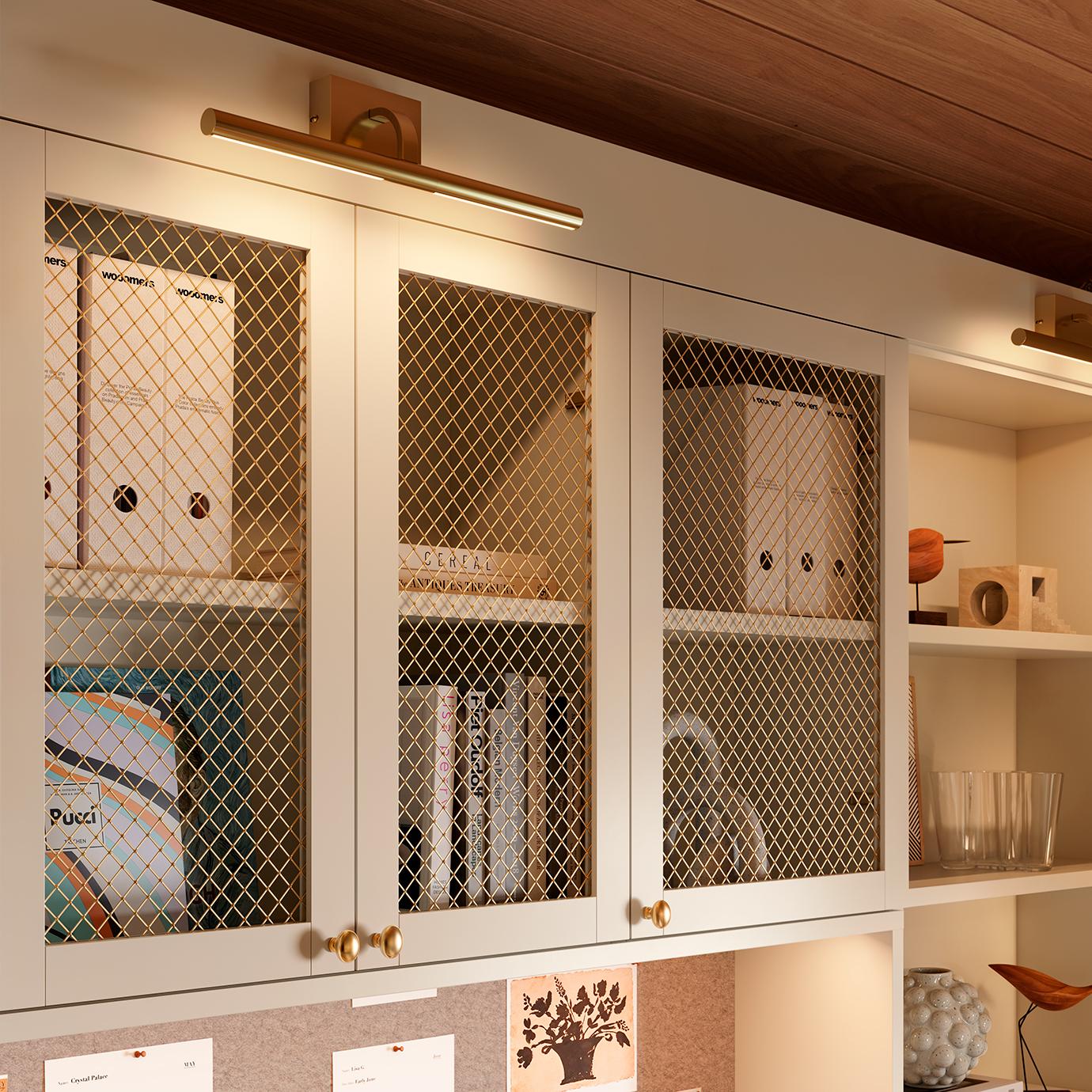 Metal latticed cabinet doors with white finish in a home office designed by California Closets