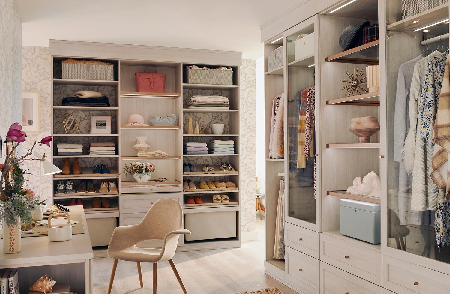 Jeremiah Brent inspired walk in closet design with shoe shelves and vanity by California Closets