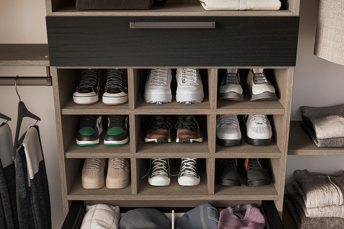 Custom kids shoe storage organization with cubbies designed for kids closets by California Closets