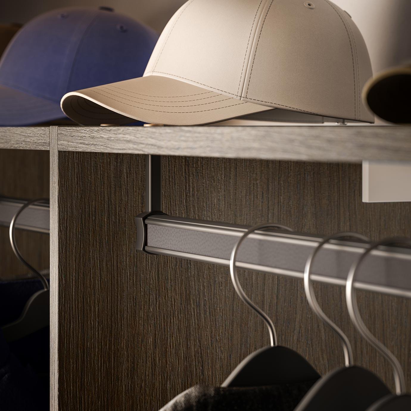 Closet shelf custom designed for hats in a dark wood finish custom made by California Closets