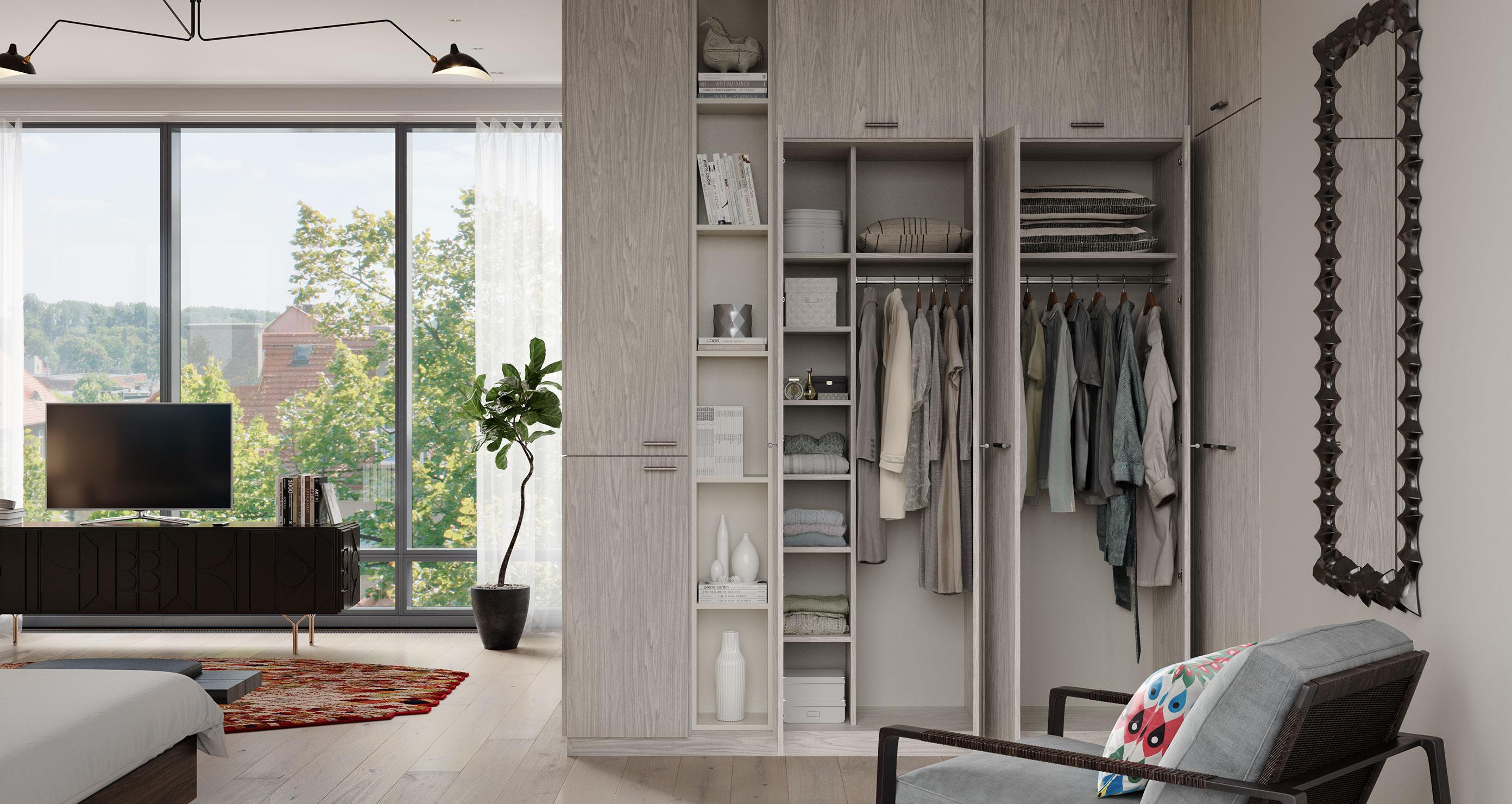 Floor to ceiling reach in closet with open shelves and custom cabinets in light grey wood grain finish by California Closets