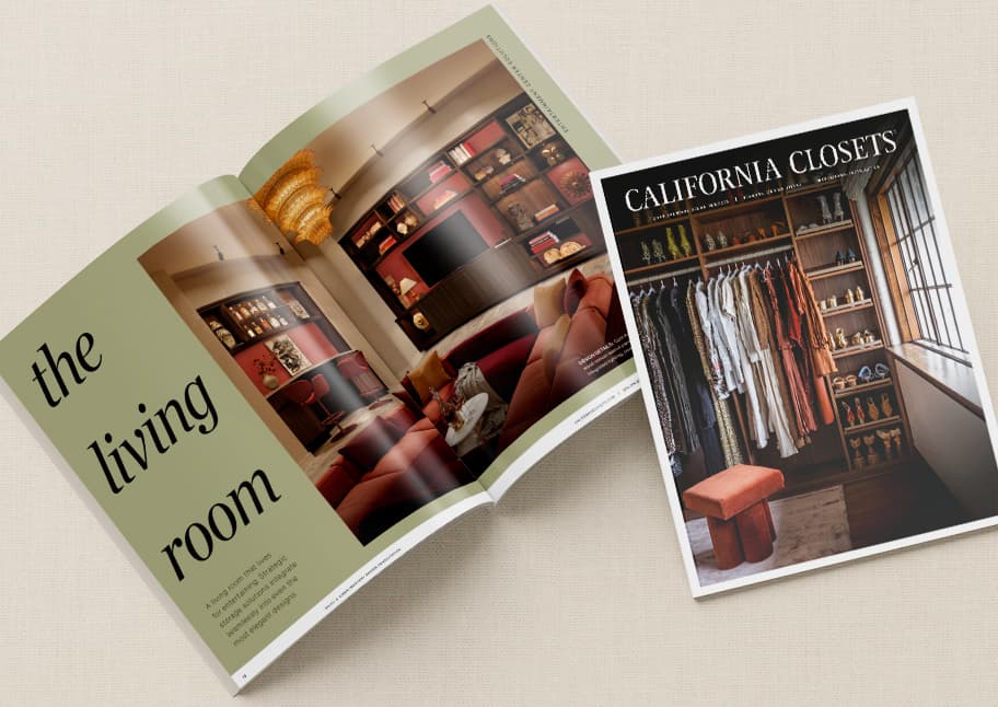 Digital catalog showing storage design ideas with murphy bed and entertainment center by California Closets