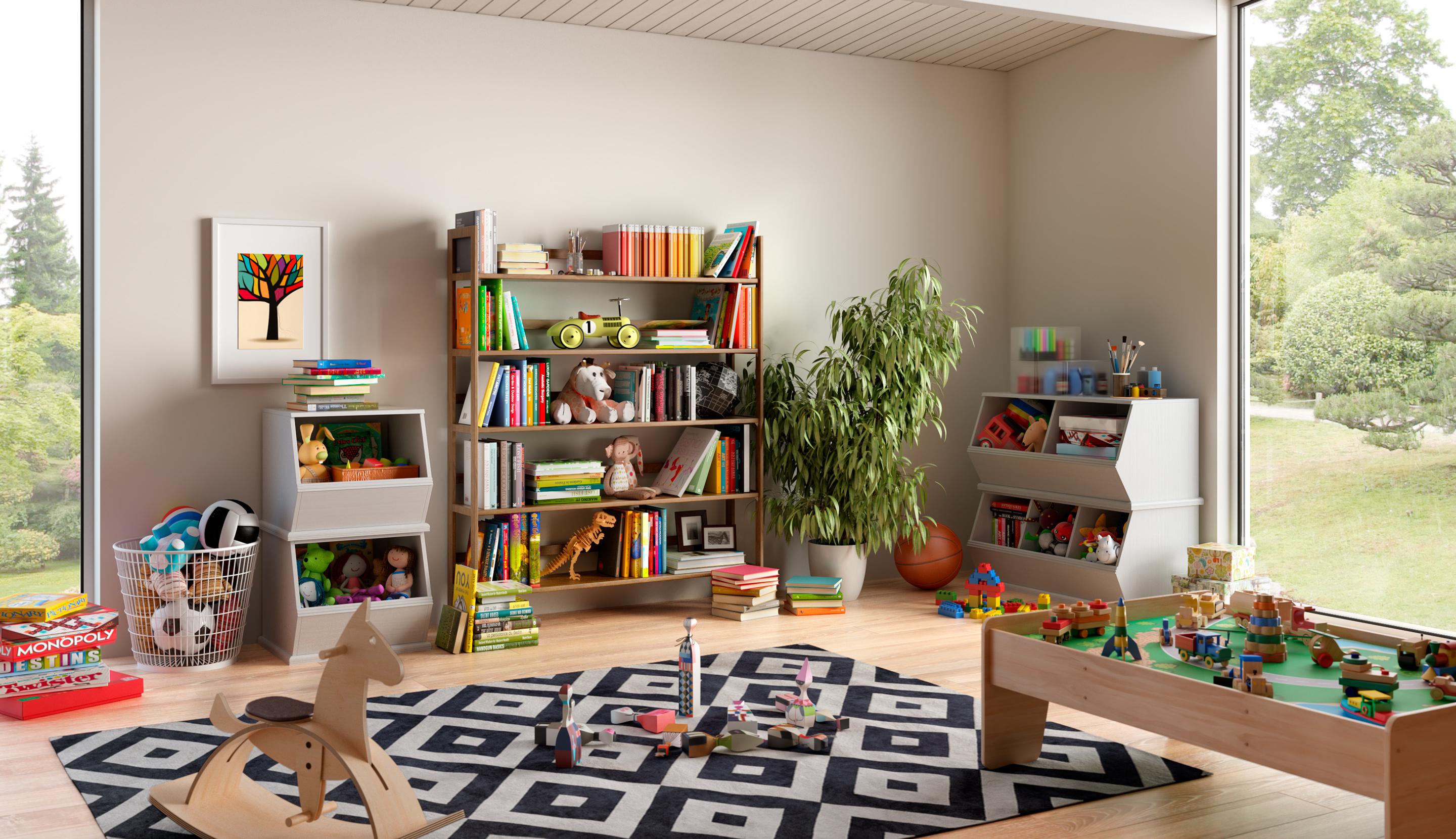Playroom cluttered with toys, games without cabinet storage or organizers to be built by California Closets