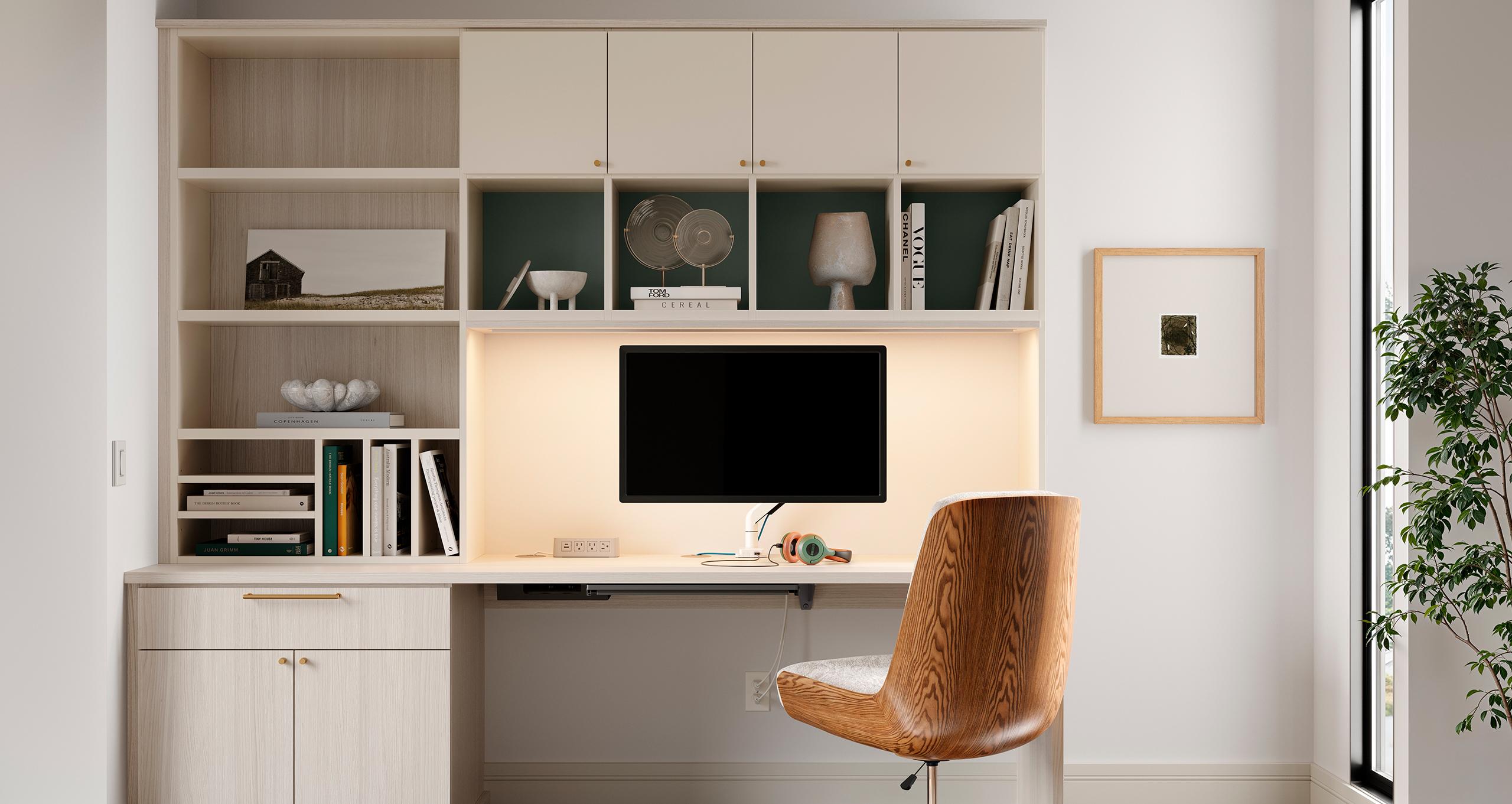 Custom home desk storage and organization ideas with shelves and cubbies from California Closets