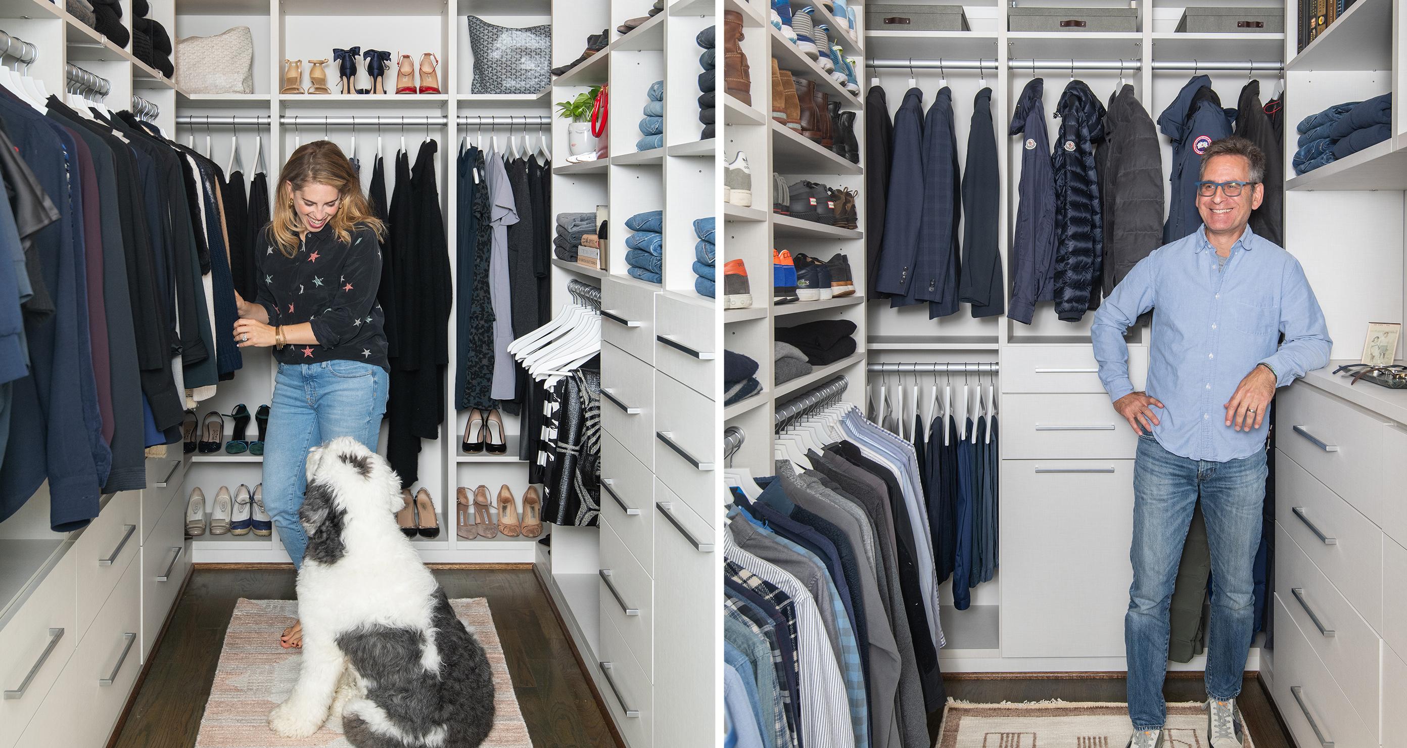 Rachel Rosenthal and husband get new walk in closets with custom shelving, drawers and shoe storage by California Closets