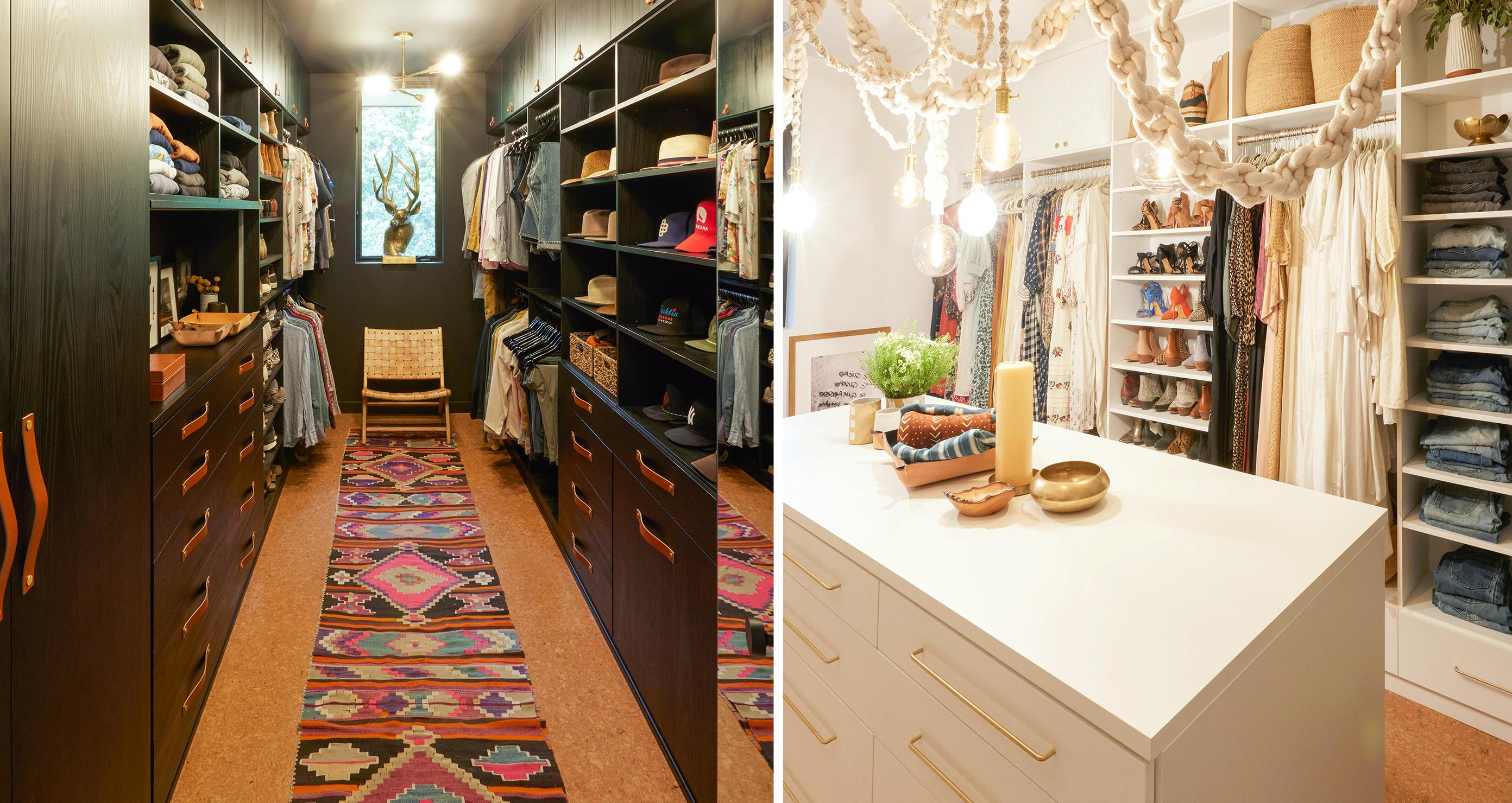John Rankin’s closet with shoe and hat storage, open shelving and custom black finish cabinets and Meritt Elliot’s white wood grain walk in with a center island workspace by California Closets