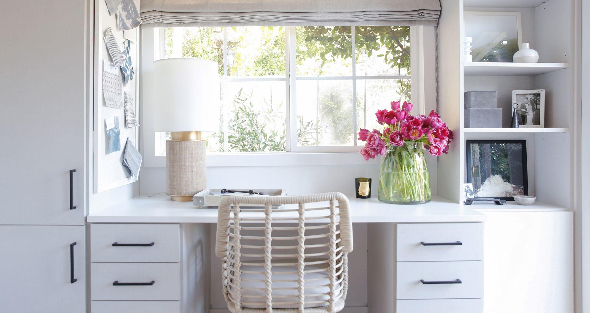 Custom office design with desk and built in storage for Crystal Palecek by California Closets