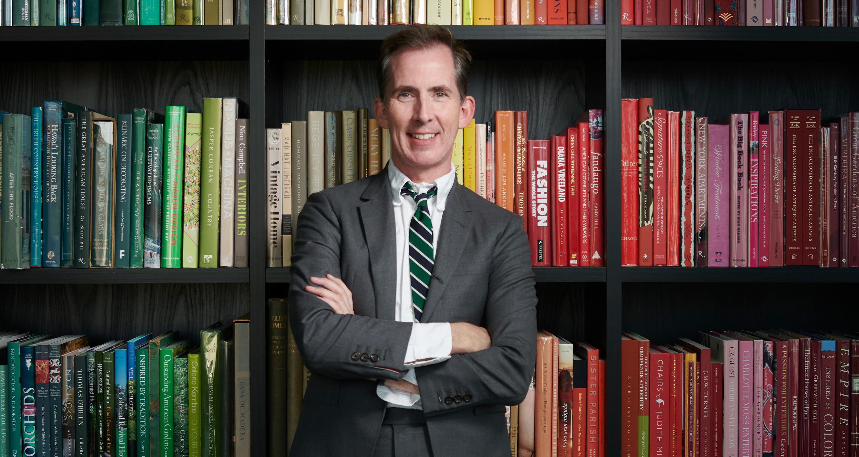 Kevin Sharkey's customized bookshelves in dark finish created by California Closets