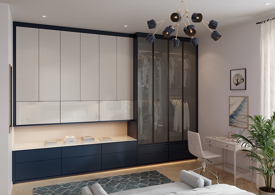 Ceiling to floor custom wardrobe storage cabinet, counterspace and backpainted glass doors by California Closets