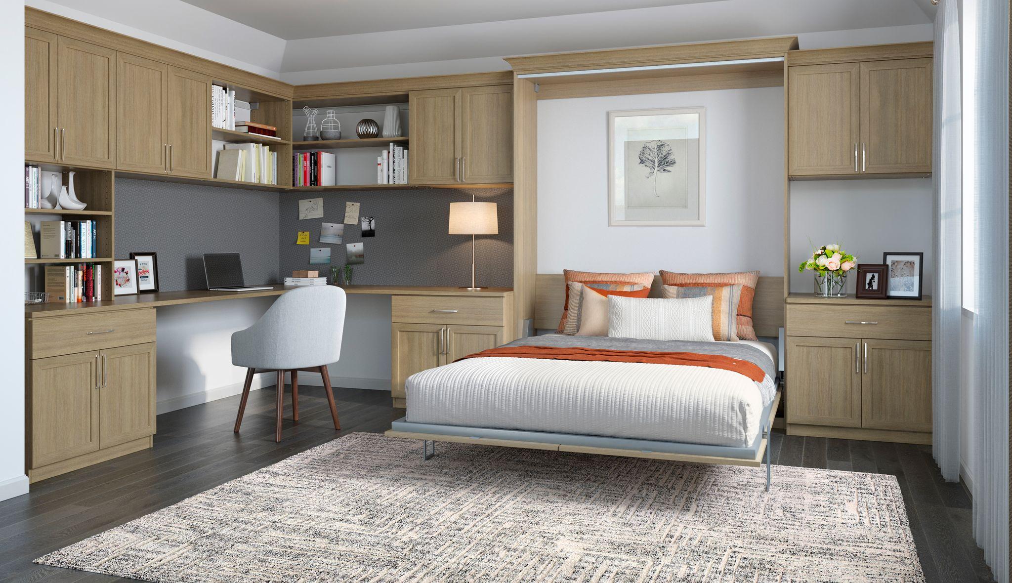 Cabinets and built in Murphy bed created with workspace by California Closets
