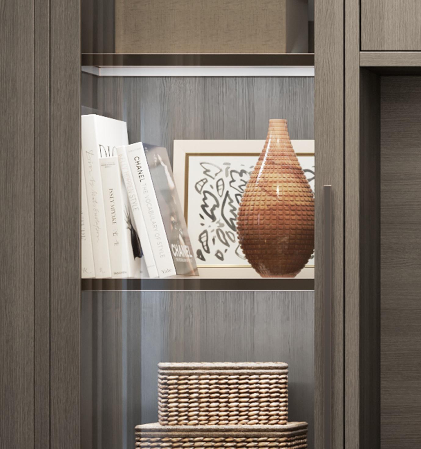 Personalized shelving with custom led lighting and glass shelves for storage by California Closets