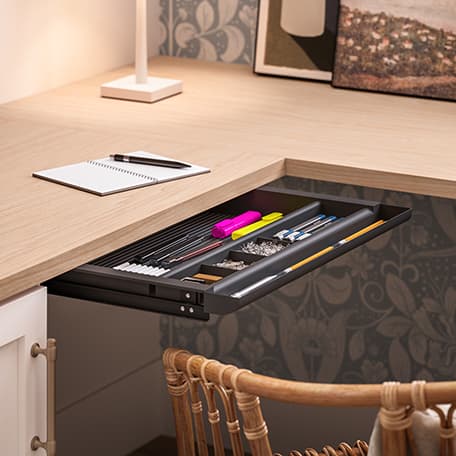 Storage drawers for home office with custom insert organizers by California Closets