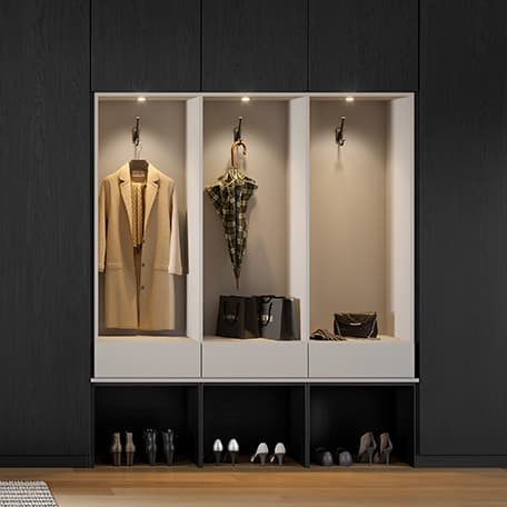 Closet lighting with custom hooks and shoe storage in dark finish by California Closets