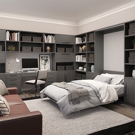Murphy wall bed accessories with custom lighting shelving, desk by California Closets